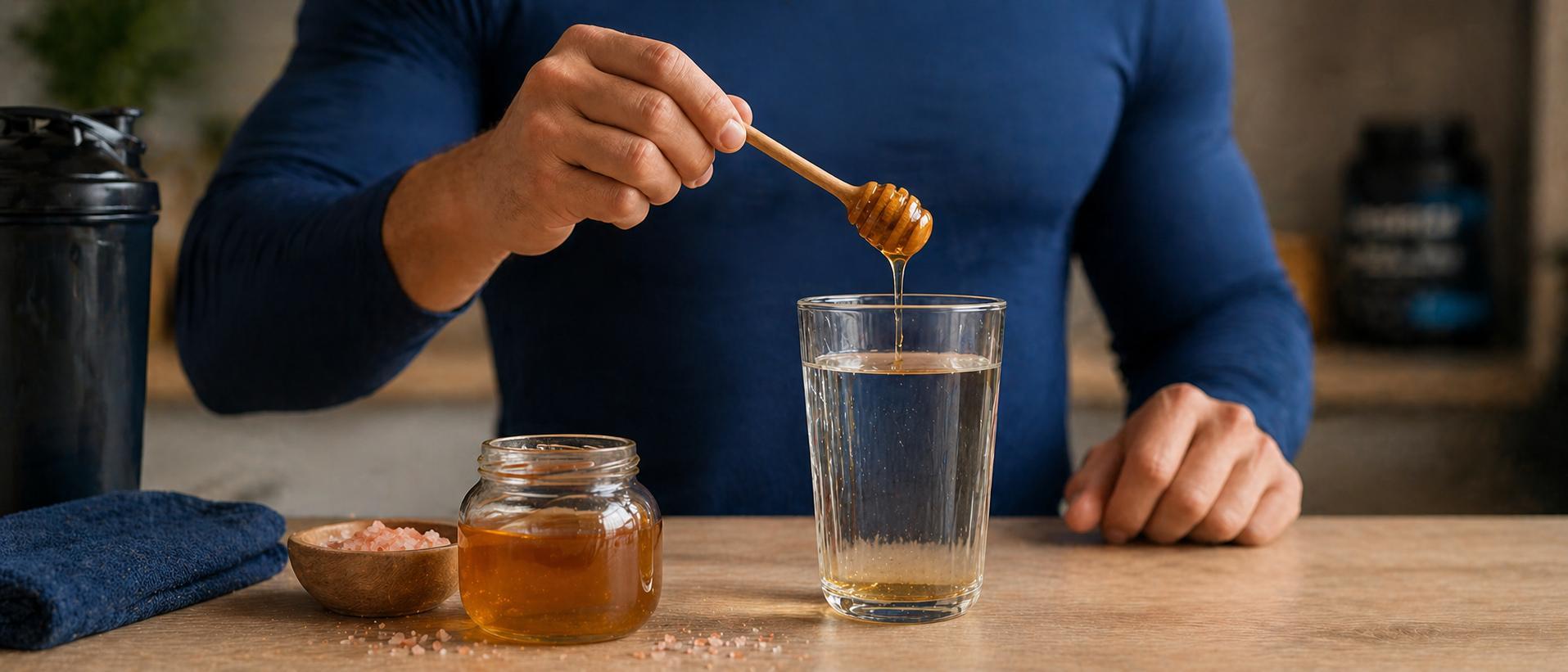 A bodybuilder wearing a full sleeves blue colored shirt preparing a powerful preworkout drink using sidr honey and pink salt in the kitchen in natural soft daylight