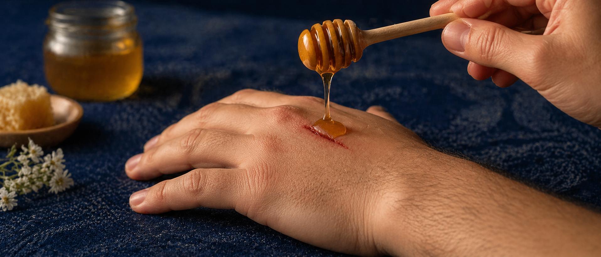 Treating a wound using honey gently flowing from a honey dipper onto the hand showing the use of honey in healthcare and wound treatment.